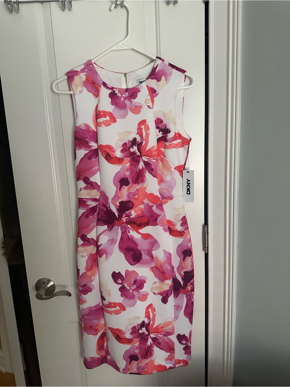 DKNY White Sheath Dress with Pink and Magenta Floral Print